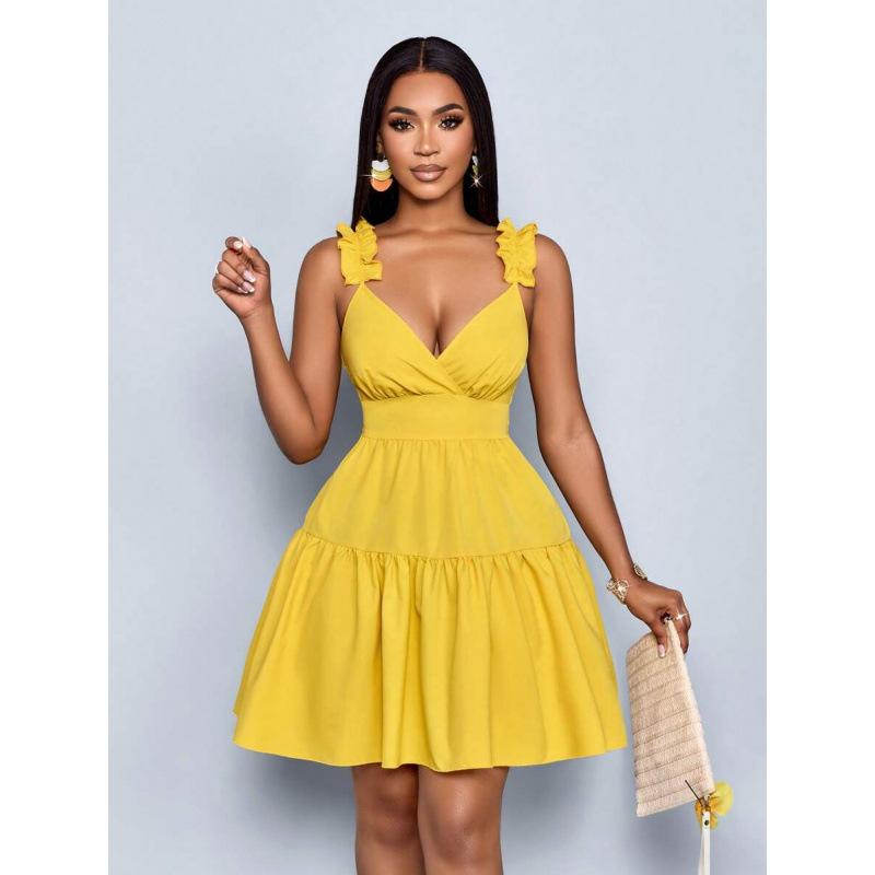 European summer new fashion solid color loose casual backless V-neck sleeveless short dress