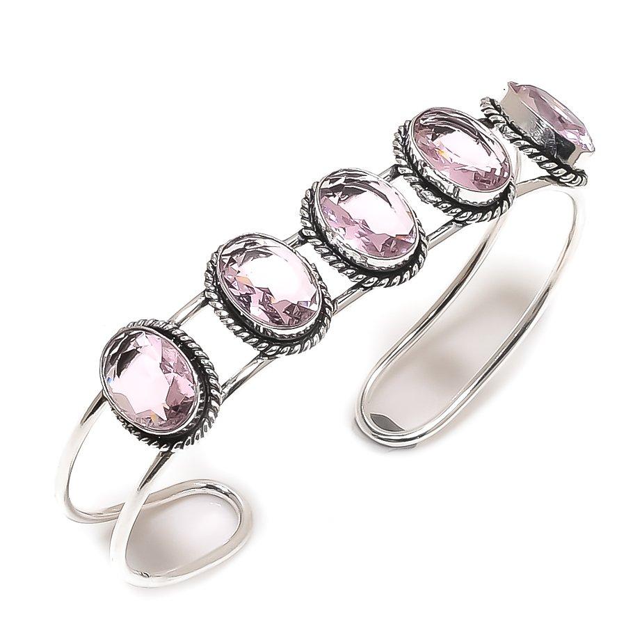 Pink Kunzite Gemstone 925 Sterling Silver Cuff Bangle Adjustable