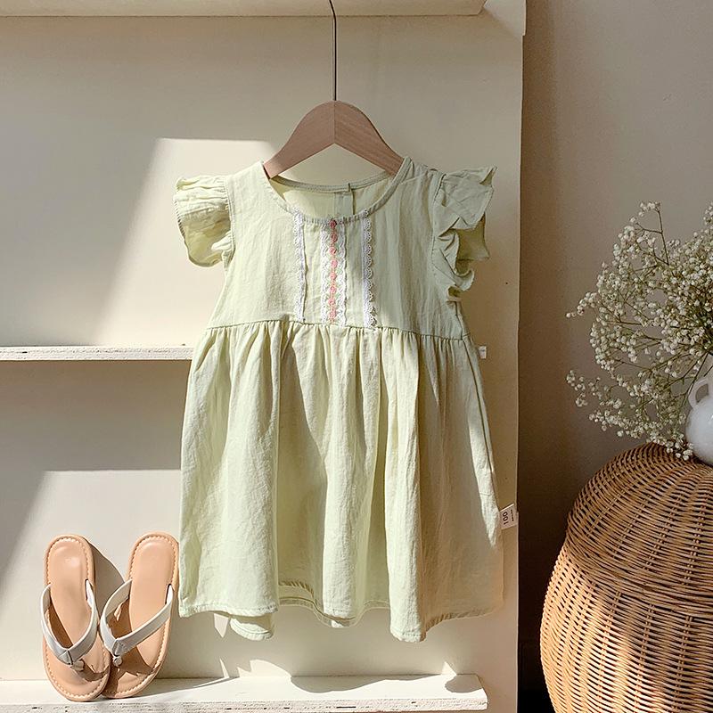 Korean Style Girls' Lace Trim Puff Sleeve Dress - 2026 Summer Collection in Washed Cotton
