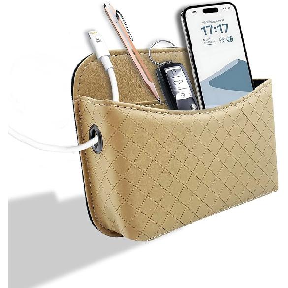 Car Door Organizer, PU Leather Storage Pouch With Strong Sticky Back For Phone, Keys - Fits Car Seat Side Pocket & Console Gap, Universal Car