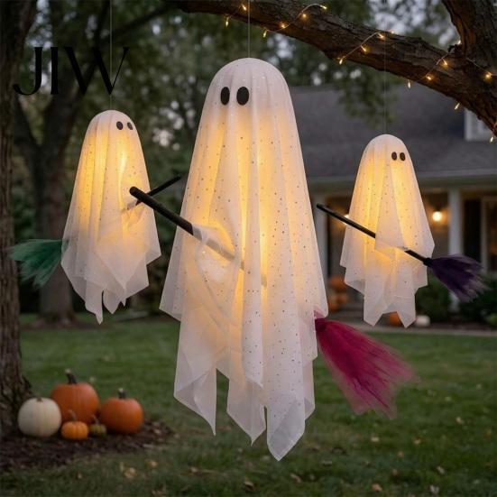 Decorative Ghost for Trees 3 Pcs Halloween Decorations, Spooky Hanging with Broom, Outdoor Seasonal Party Supplies Large Flying White Tree Porch Yard