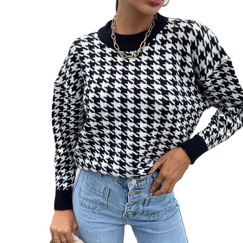 Autumn/Winter Women's Houndstooth Diamond Knit Sweater Pullover
