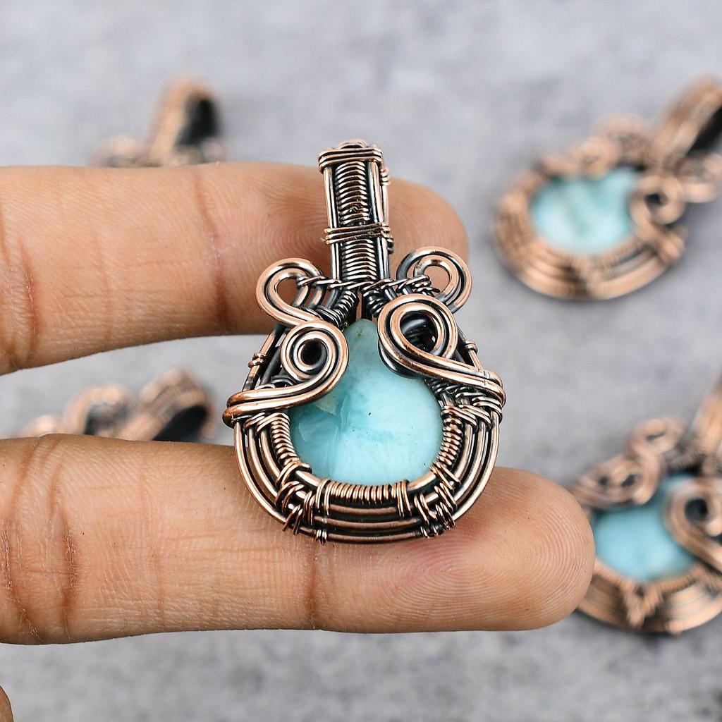 Larimar/Pectolite Gemstone Pure Copper Wire Wrap Handmade Jewelry Pendant