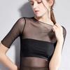 Transparent Mesh Base Shirt Women's Middle Sleeve with Inner Lining Tight Fitting Sheer Lace Short Sleeved Top Hollowed Out T-shirt