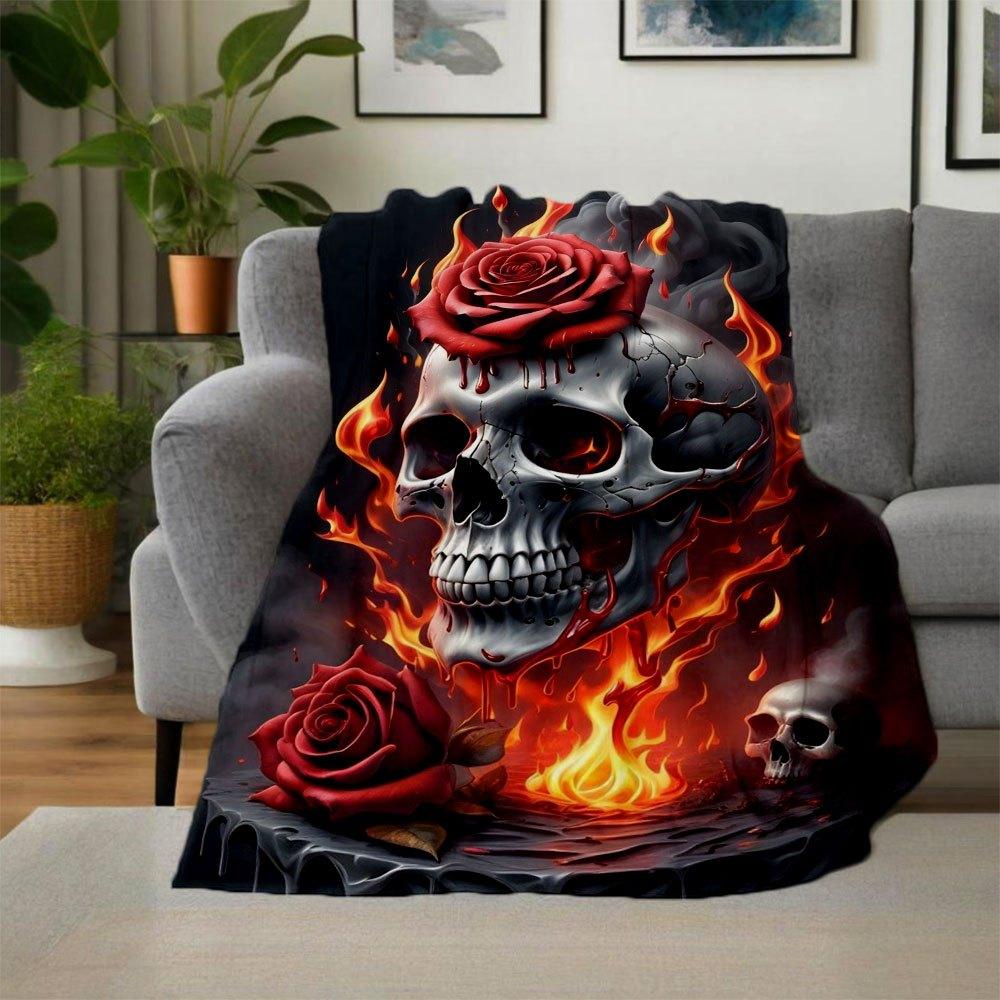 "Flaming Rose Skull Art Print - Gothic Wall Decor"Blanket Flannel Throw Blanket for Sofa, Bed, Travel, Camping, Office, Couch, Chair, And Be
