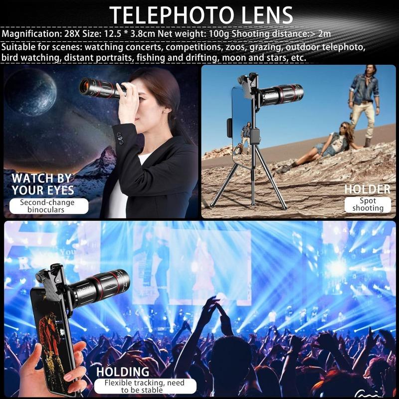 High Power 28x HD Phone Telephoto Lens Cell Phone Camera Lens Kit 198 Degree Ultra Wide Angle Fisheye Lens