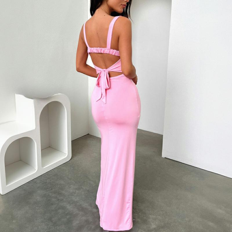 European and American Summer Sexy Sleeveless Solid Color Slim Fit Slit Backless Dress