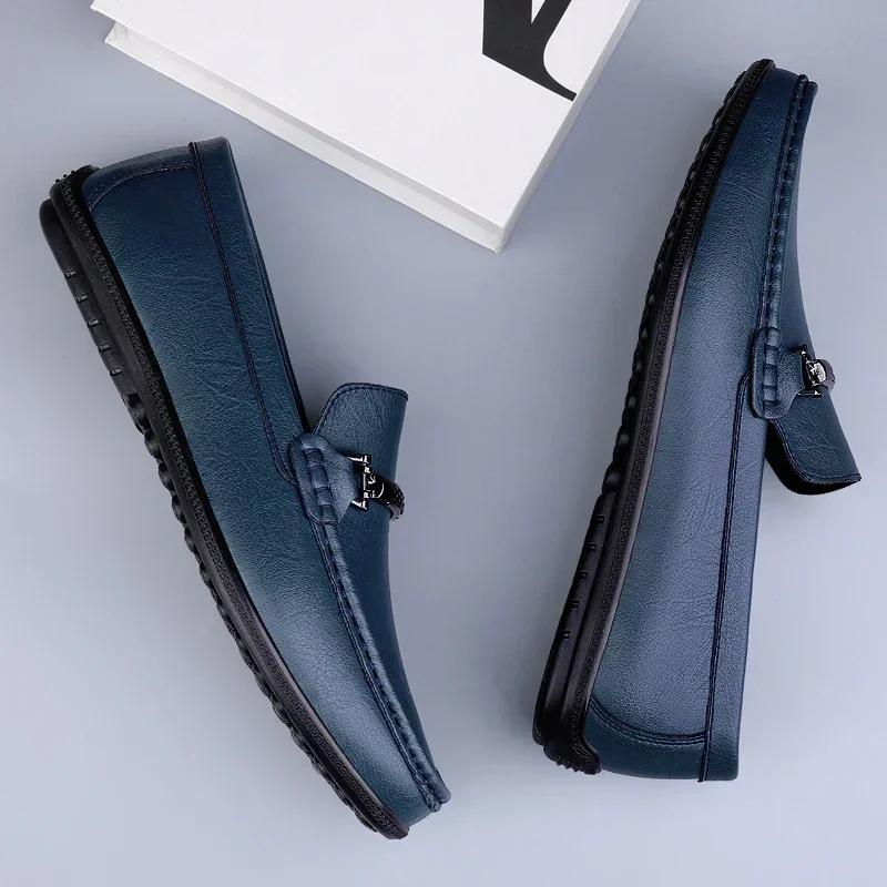 Fashion Luxury Mens Genuine Leather Shoes New Casual Shoes Men Blue Business Men Slip-on Shoes All-Match Loafers Handmade Driving Flats