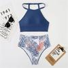 Women's Two Piece Swimsuit High Waist Halter Neck Bikini Set Leaf Print Bottoms Stretch Fabric