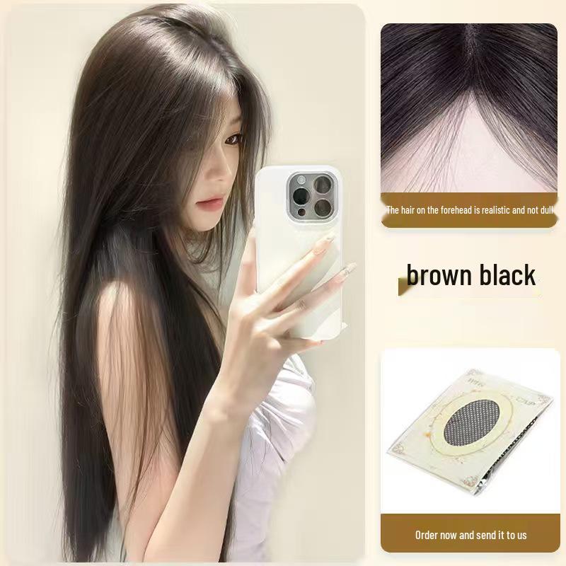 Длинный черный прямой синтетический парик, бесшовный пробор посередине - Легкое и естественно выглядящее полное покрытие головы для женщин