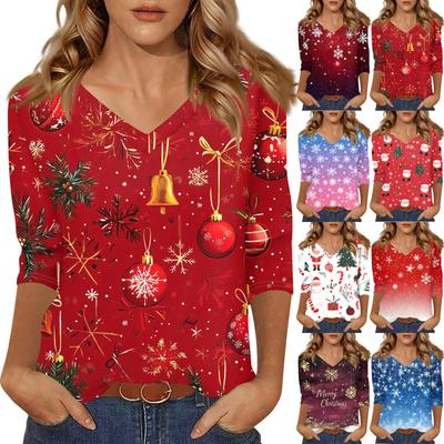 Damen T-Shirt Weihnachtsdruck 3/4 Ärmel Täglich Wochenende Mode Basic V-Ausschnitt Reguläres Oberteil
