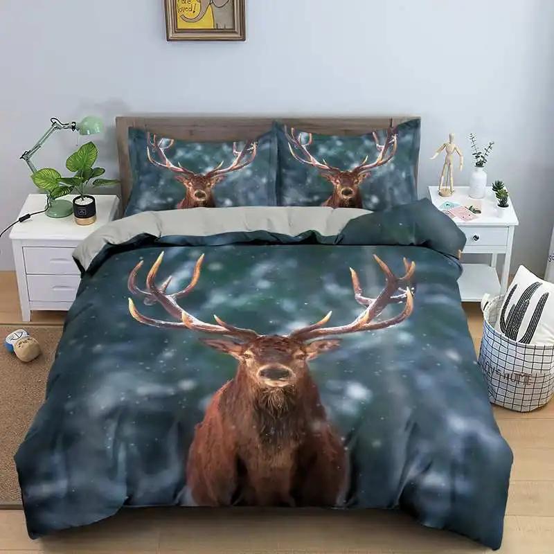 Christmas Deer King Queen Duvet Cover Animal Elk Bedding Set 2/3pcs for Kids Teens Adults Blue Soft Quilt Cover with Pillowcase