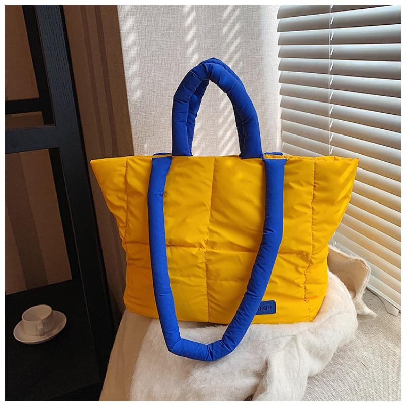 New simple contrasting color portable cotton clothing bag niche personality glossy large capacity shoulder bag