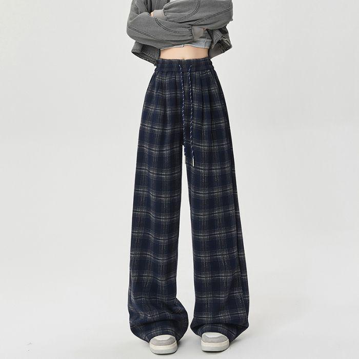 

TR Original Women s High-Waist Plaid Casual Pants - Autumn/Winter, Straight Loose Wide Leg, Versatile & Slimming. XXL (up to 150 lbs)
