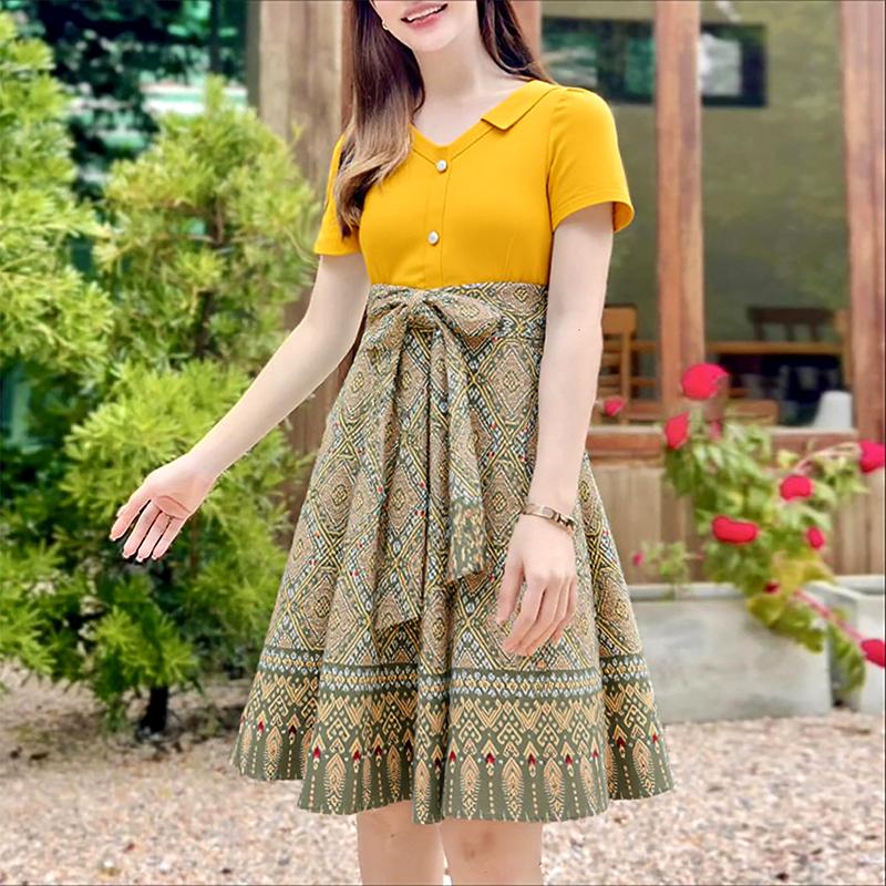 

ZANZEA Women Casual V-Neck Retro Print Patchwork Summer Short Sleeve Dress 5XL жёлтый