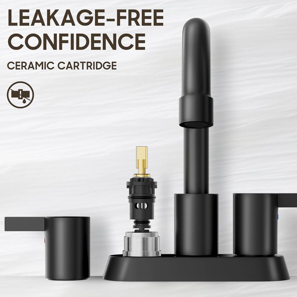 Phiestina 4 Inch 2 Handle Centerset Matte Black Lead-Free Modern Bathroom Faucet, 360 Swivel Spout 2-3 Hole RV Bathroom Vanity Sink Faucet with Pop