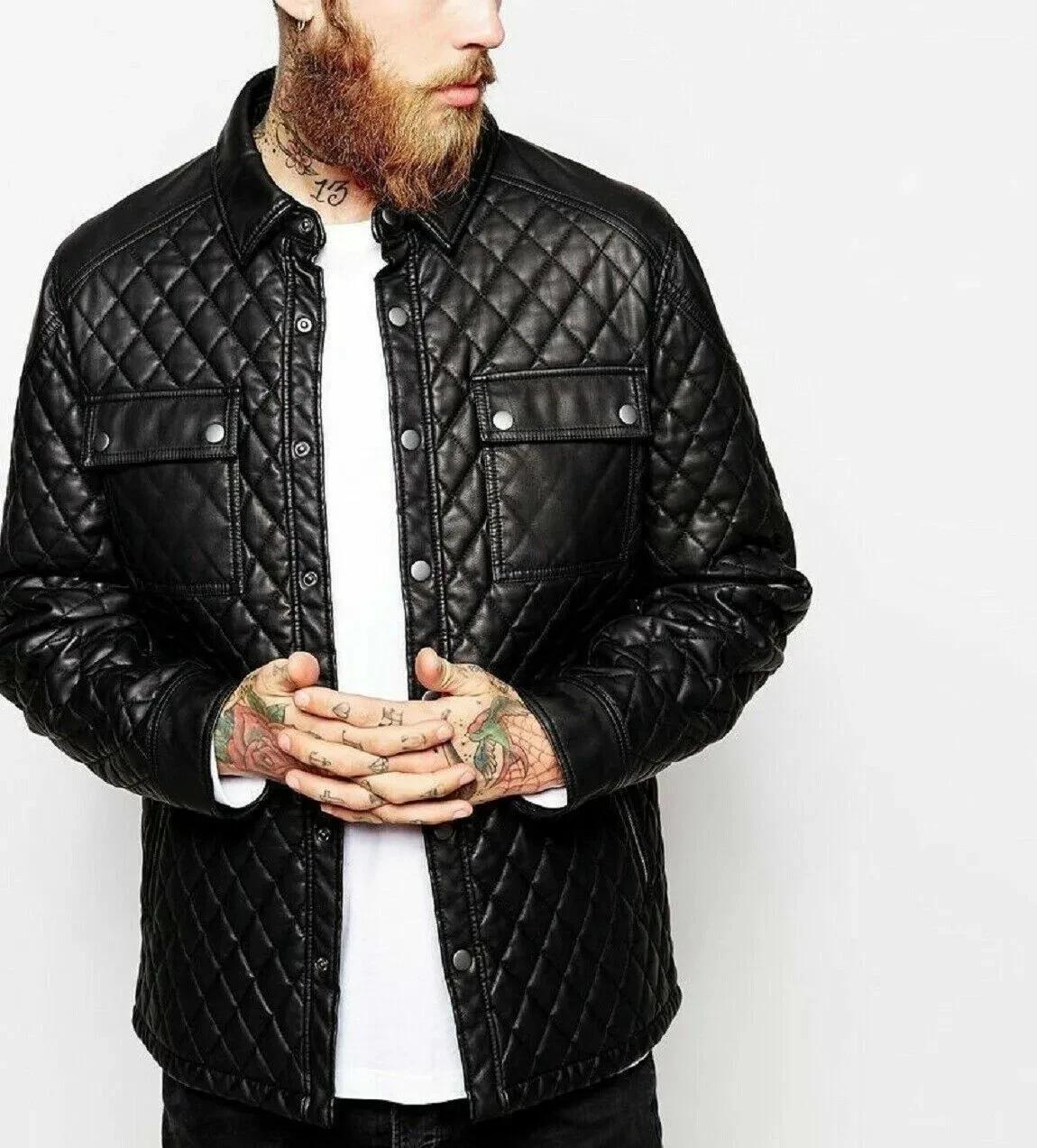 

Style Handmade Classic Casual Stylish Men s Real Soft Leather Black Quilted Design Shirt 3XL чёрный