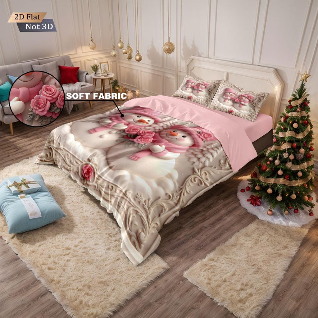 3pcs imitation relief pink Christmas snowman print coreless bedding set, multi size bedroom bedding decoration, machine washable