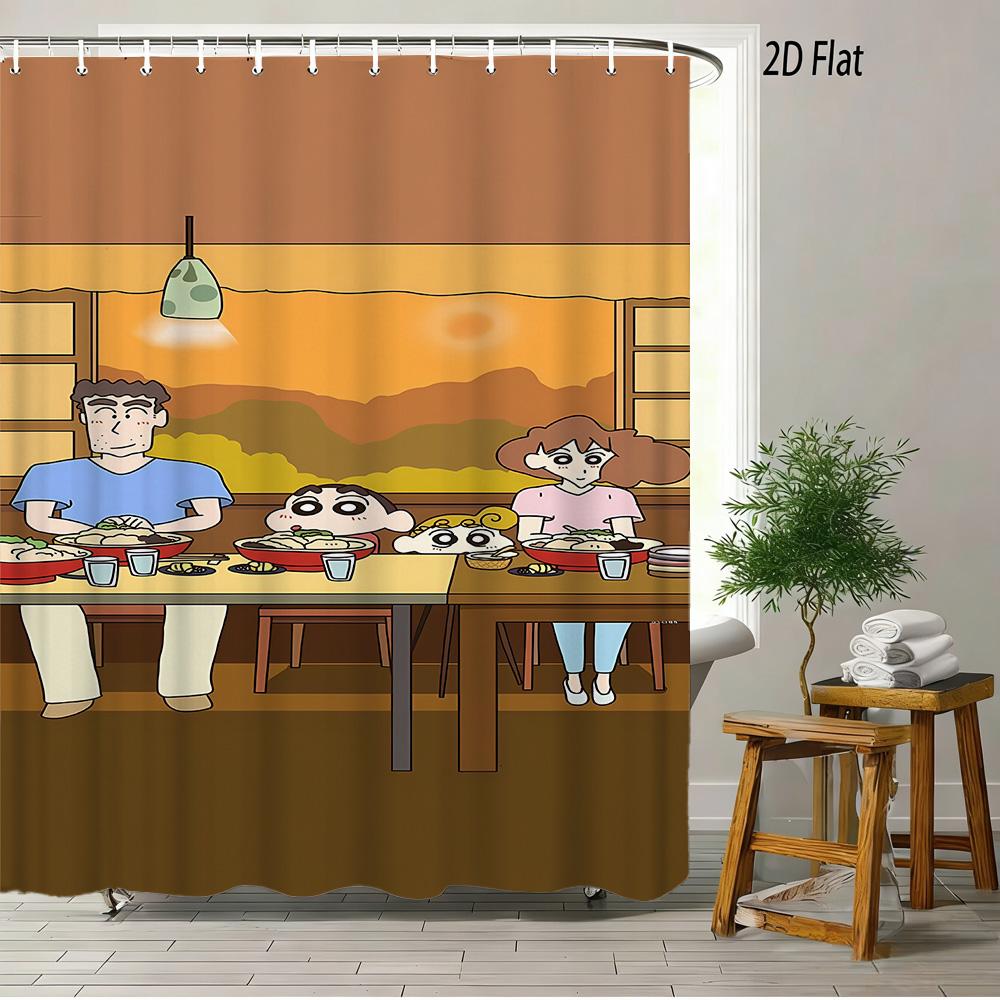 Crayon Shin-Chan Running & Cheering On Mountain Top 2D Print Waterproof Shower Curtain, Minimalist Blue Sky Bathroom Decor With