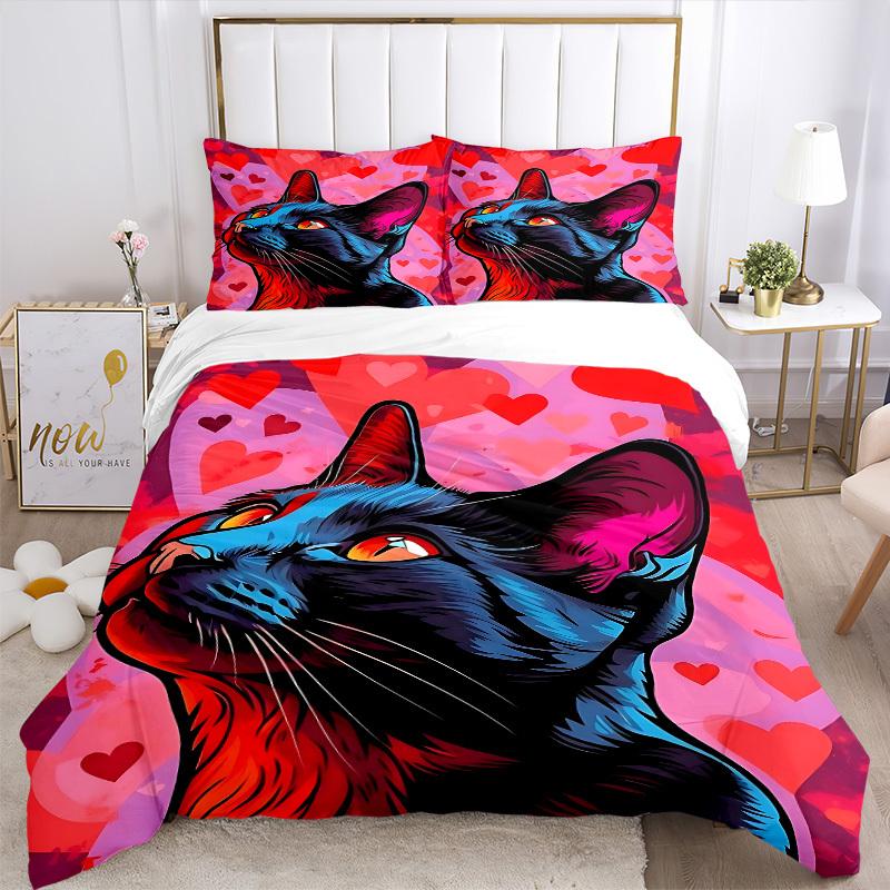 3pcs Cat Art Print Duvet Cover Set, Cover For Bedroom Guest Room (1 Duvet Cover + 2 Pillowcase, Without Quilt),  Yy250922121