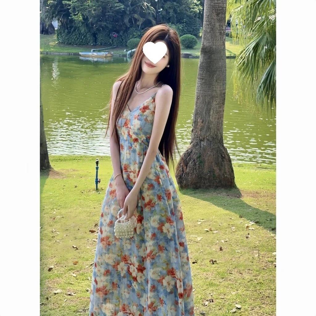 Floral Suspender Dress Seaside Vacation Wind Summer New French Blue Oil Painting Floral Thin Suspender Dress