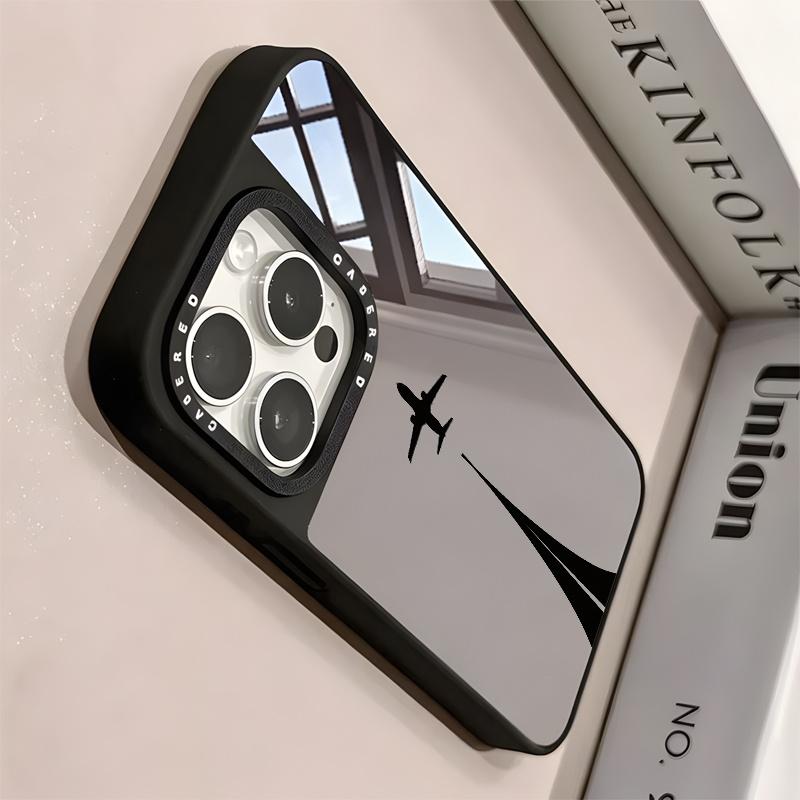 Black Airplane Pattern Mirror Phone Case Suitable for iPhone 17 16 15 14 13 12 11 Pro/Max/Plus Anti Drop and Shockproof