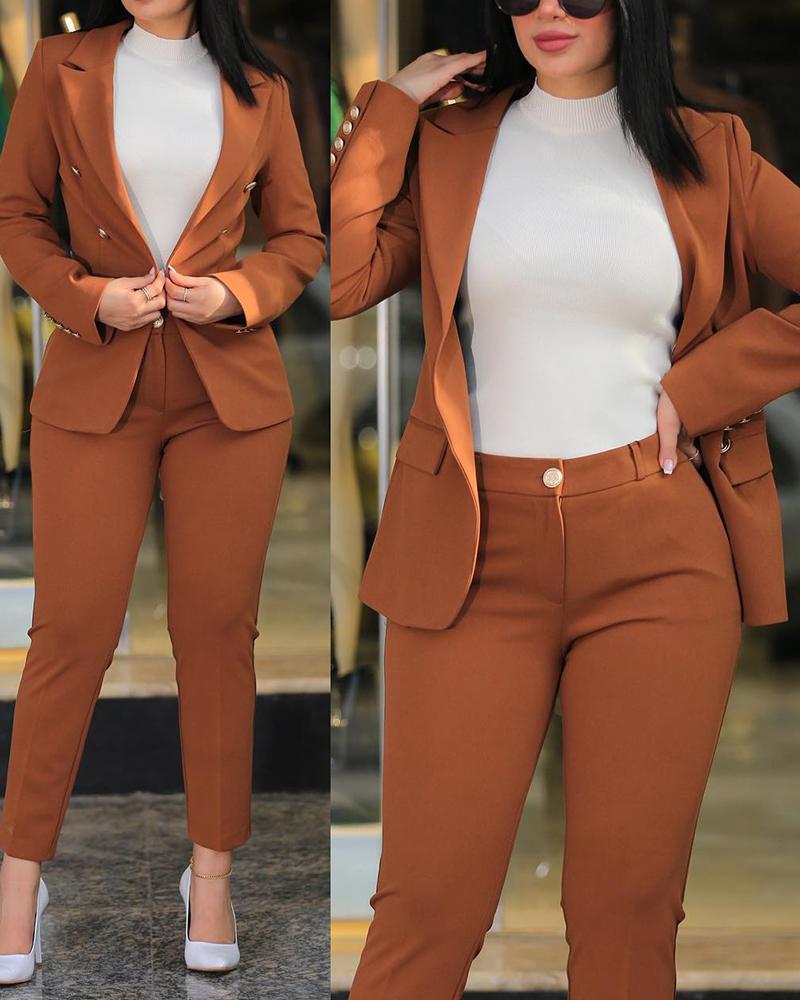 2026 Women s Solid Color Slim Fit Double-Breasted Two-Piece Suit Set S кофейный