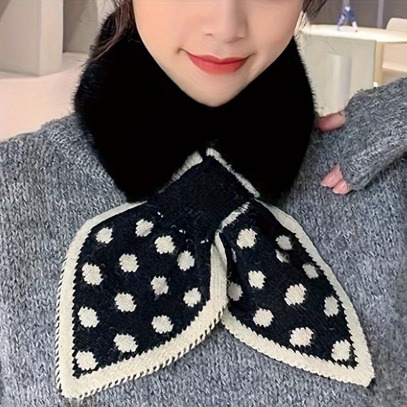 Women Autumn Winter Scarf Dot Print Patchwork Color Plush Shawl Knitting Cross Scarf Collar Thick Neck Wrap