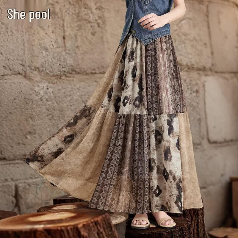 

Women s Printed Patchwork Elastic Waist Mesh A-Line Maxi Skirt S