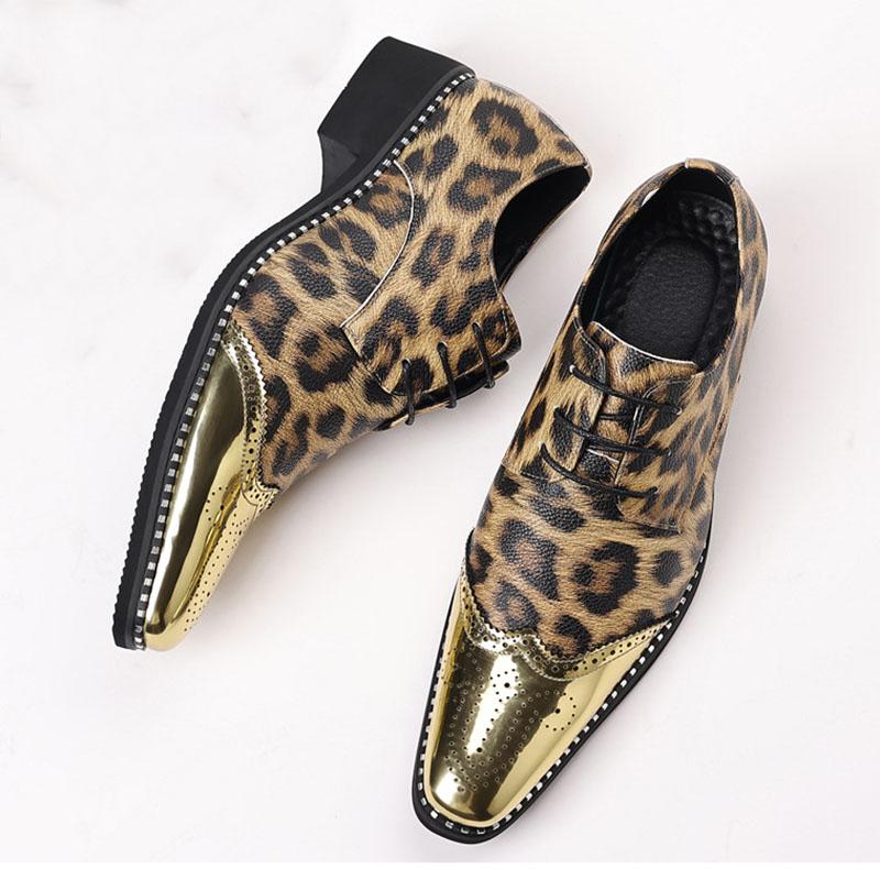 Designer Brand New Men's gold silver Pointed Lace Up Leopard Patent Leather Flats Shoes Homecoming Wedding Formal Dress Footwear