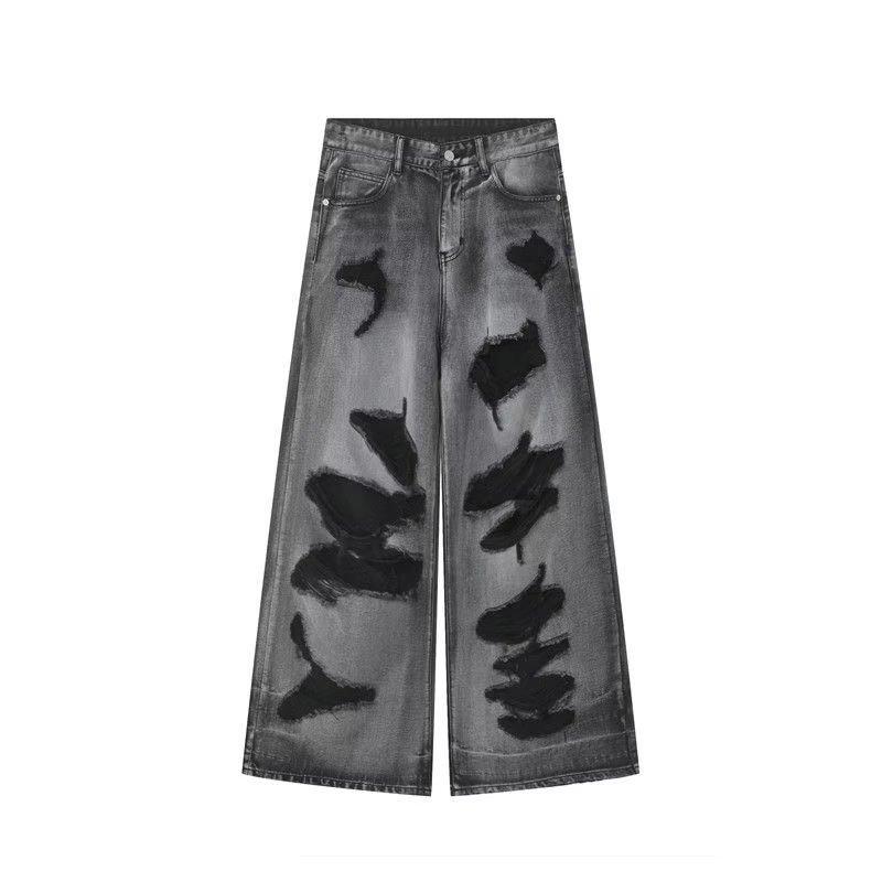 

Джинсы в американском стиле Old Ruffian Handsome с широкими штанинами и рваными деталями, уличные свободные прямые брюки для мужчин S чёрный/серый