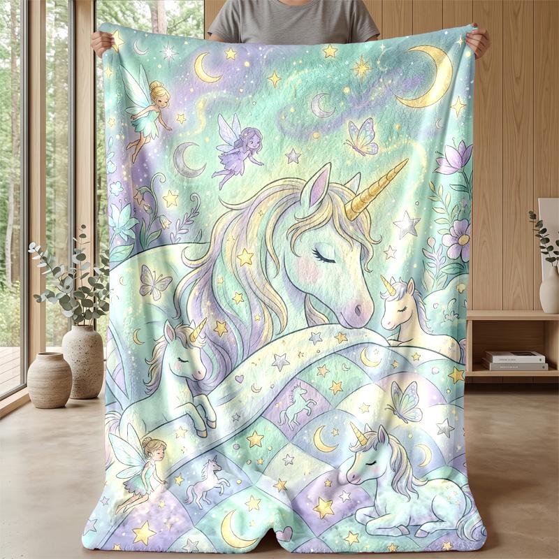 Unicorns Around Rainbow Sphere Theme Blanket Lightweight Warm Flannel Blanket Decorative Throw Blanket for Home Decoration