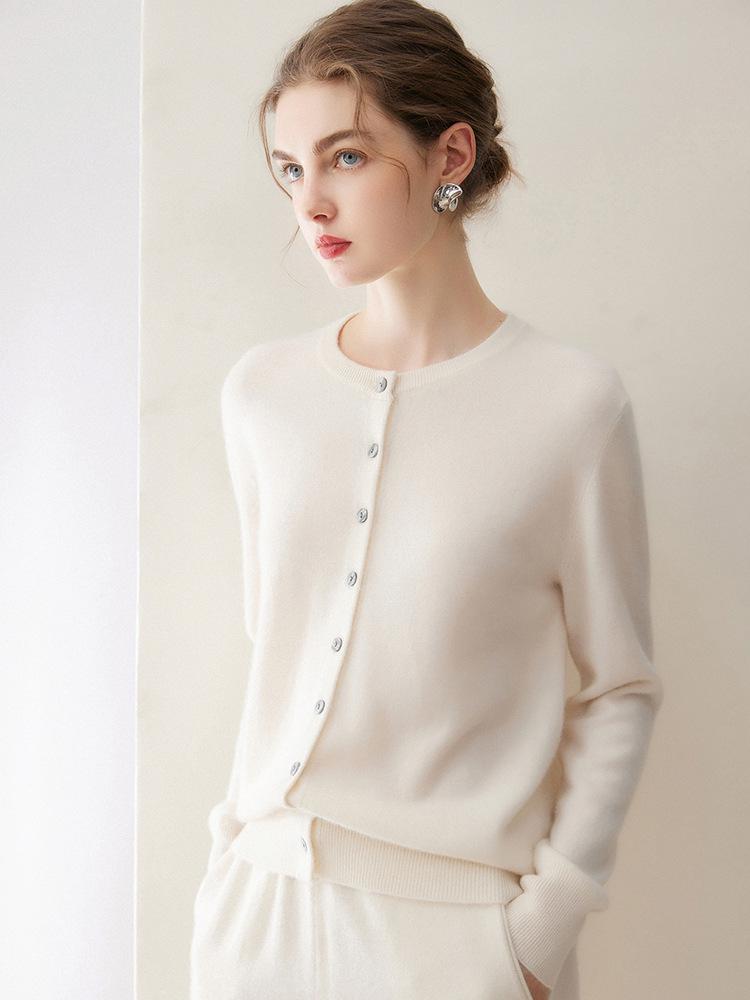 2026 Autumn Women's 100% Cashmere Round Neck Cardigan - High-End Long Sleeve Knit Short Jacket Top