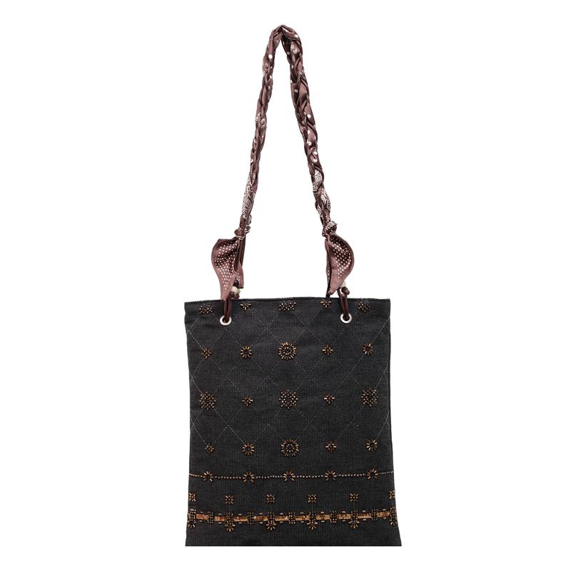 New Heavy-duty Beaded Denim Flannel Shoulder Bags Ethnic Style Versatile Crossbody Bags Large Capacity Retro Handbags for Women