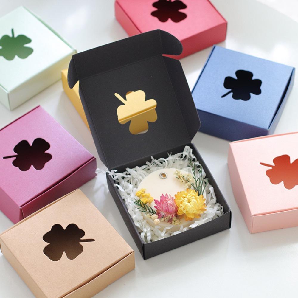 12pcs Gift Boxes with Four-leaf Clover Window Mini Treat Boxes for Gift Soap Kraft Paper Wrap Box for Wedding Party Festival