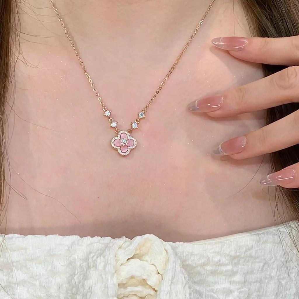 Rosa Muschel Kleeblatt Halskette: Damen Leichter Luxus Schlüsselbeinkette, Trendiger High-End Choker