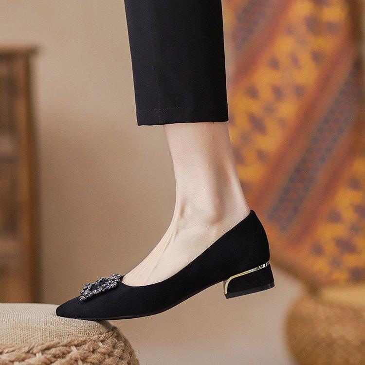 shallow mouth pointed work shoes soft sole black high heels spring 2025 new rhinestone thick heel single shoes women's middle heel