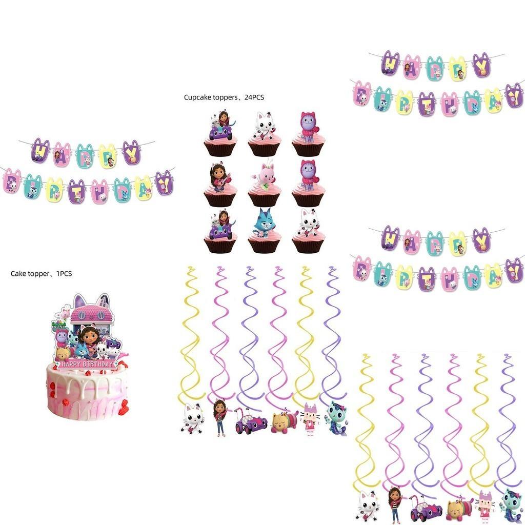 Vibrant Gabbys Dollhouse Theme Party Decorations Including Balloons Cake Topper And Banners