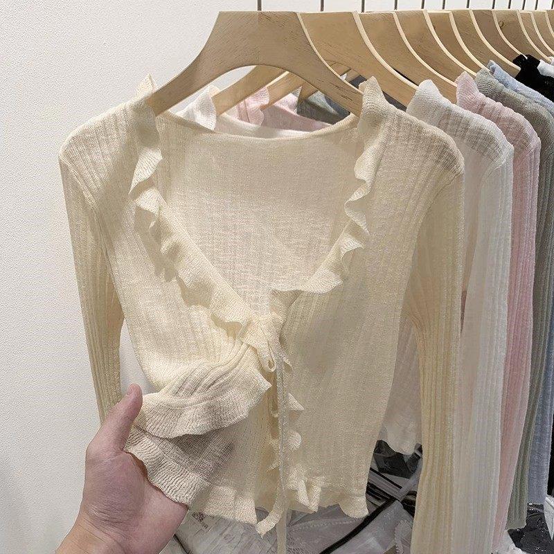 French Ribbed Lace-Up Cardigan - Long Sleeve Knit Shawl for Spring 2026 Women’s Collection