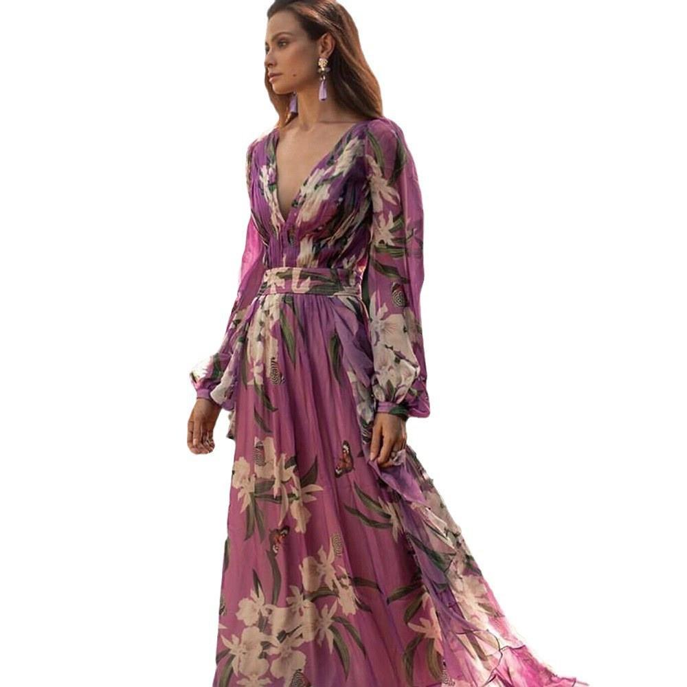 Retro V-Ausschnitt Langarm Feen Schaukelkleid - Europäischer & Amerikanischer Sommerdruck