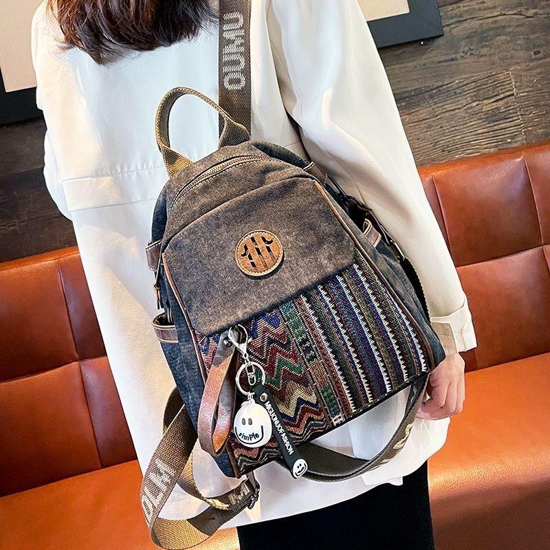 Dámský džínový etnicky vyšívaný batoh, kontrastní barevný batoh, crossbody taška