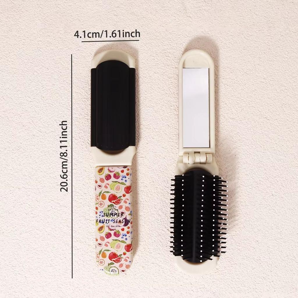A Portable Folding Mirror Comb with Various Fruit Pattern Designs, Nylon Brush Air Cushion comb,Special for Real Hair Wigs