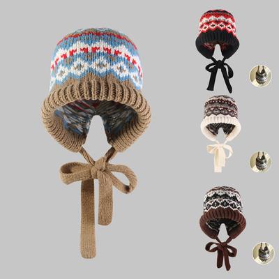 Proteção auricular de inverno com cadarço quente feminino balaclava chapéu de malha