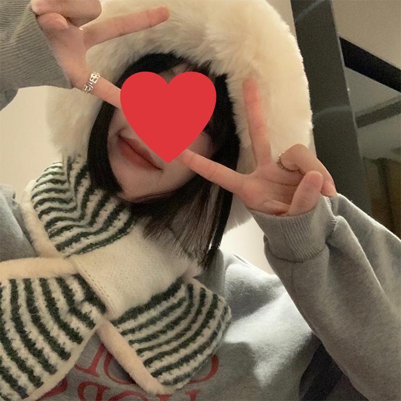 Striped plush hat scarf integrated female winter Korean version showing a small face cycling cold-proof knitted ear protector Lei Feng hat tide