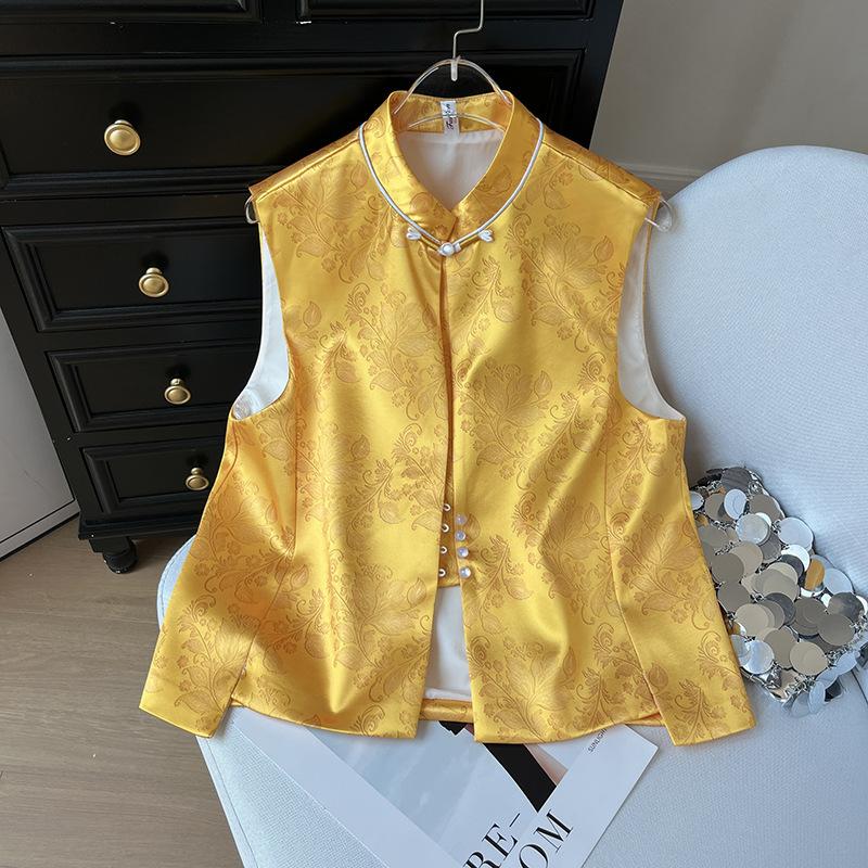 

2025 новый жилет с воротником-стойкой, темпераментный, с высококлассным чувством, женский ретро жилет без рукавов XXXL [Recommended 138-75kg] жёлтый