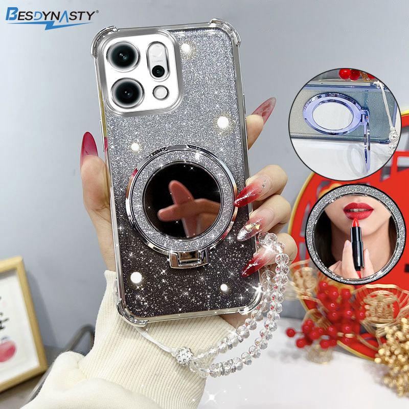Glitter Four-Corner Shockproof Phone Case with Mirror Stand Beaded Strap For Oppo Reno14 F Pro Reno 14Pro 14F 5G Back Cover Case