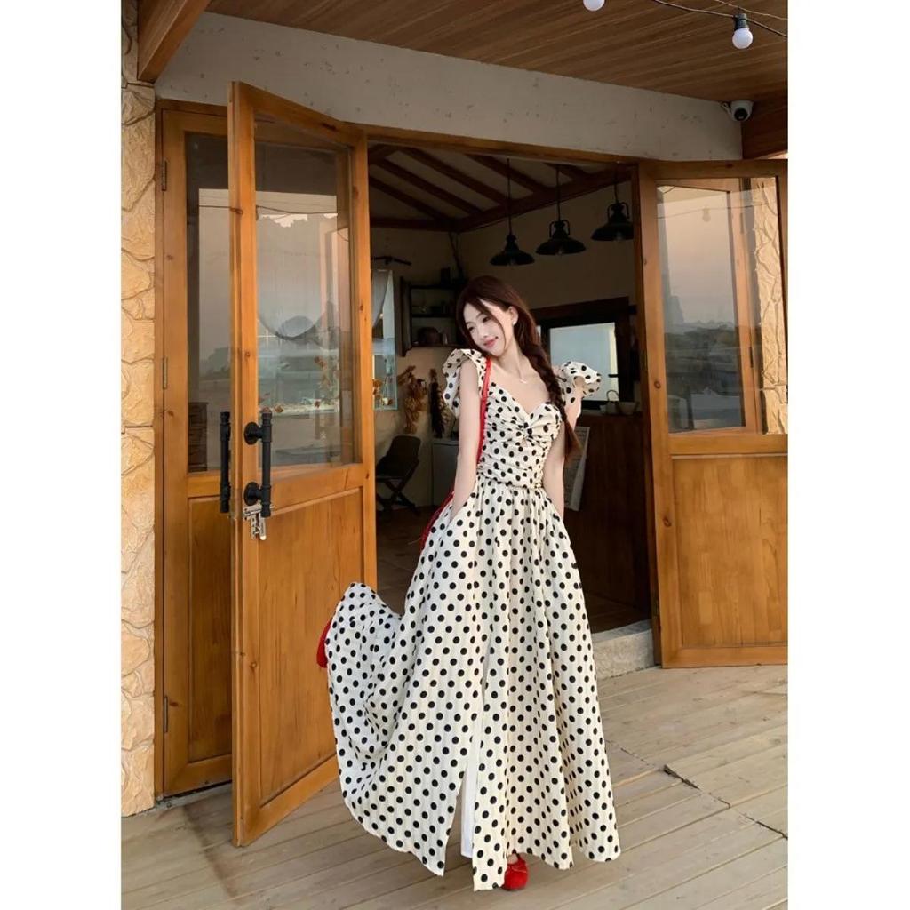 French Chic Polka Dot Summer Dress: Elegant Pleated Long Skirt with Slim Waist