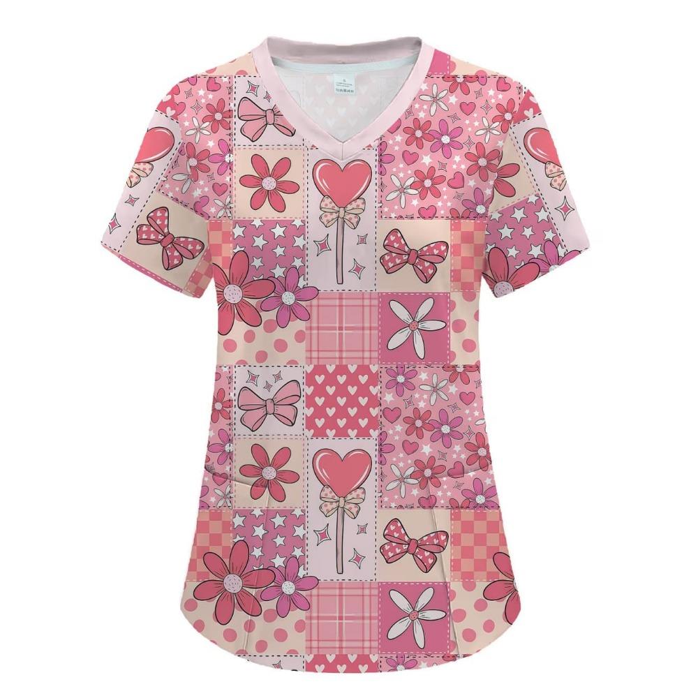 Nursing Uniform Woman Comfortable Dentist Vet V-Neck Short Sleeve Women Scrub Fashion Heart Pattern Print Clinical Uniform Woman