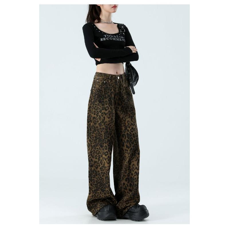 Womens High Waist Leopard Print Wide Leg Jeans Y2K Baggy Denim Trousers Streetwear