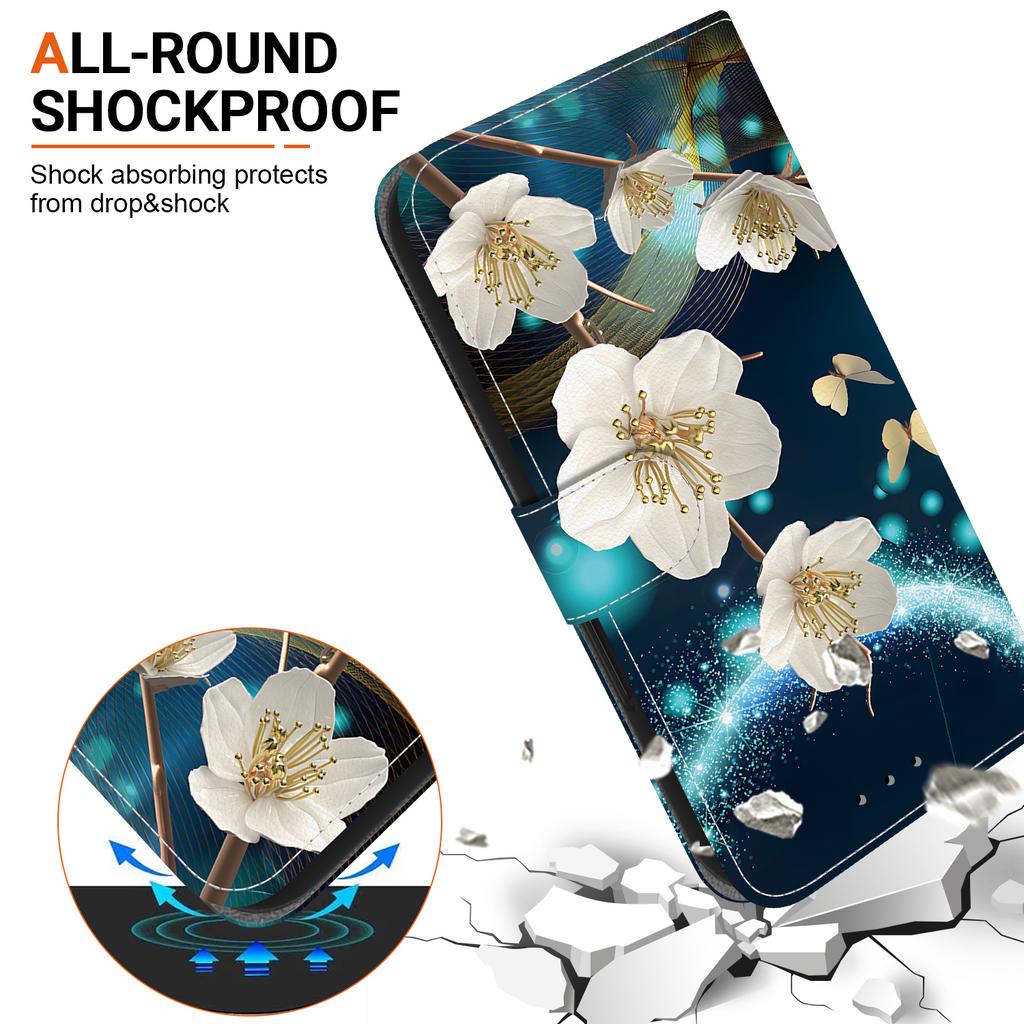 White Magnolia Flowers Pattern Flip Wallet PU Leather Case with For iPhone Samsung Infinix TECNO...for Over 900 Phone Models